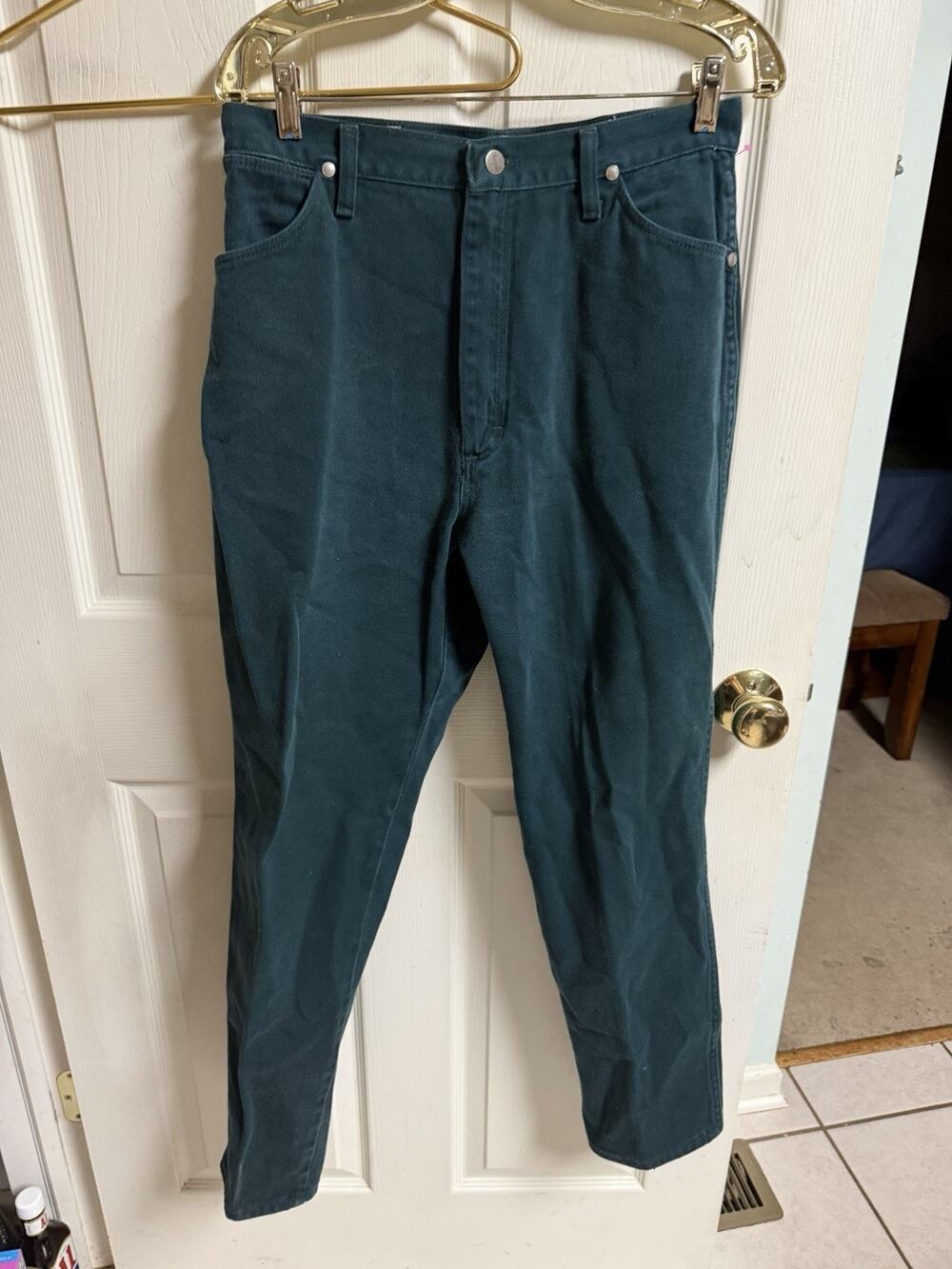 Vnt 70s Wrangler Med Sz 13/14 30x30 High-Waisted Green Denim Jeans Tapered Leg